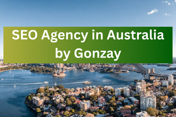 Aerial view of Sydney Harbour with promotional text reading 'SEO Agency in Australia by Gonzay.
